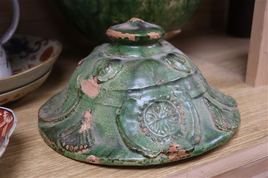 A Chinese celadon crackle glaze bowl and vase and two Korean celadon vases tallest 28cm